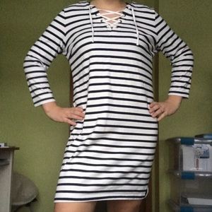 White and navy blue striped dress